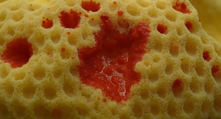 Close-up of a porous yellow surface with scattered red patches and spots evoking an abstract and textured visual.