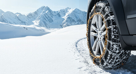 Car with snow chains on snowy mountain path, close-up of tire and landscape