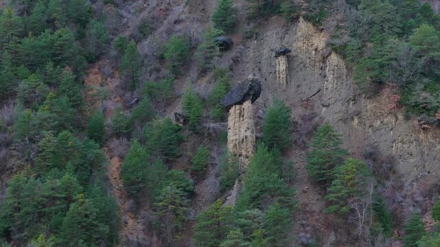 Aerial drone view of the "Fairy Chimneys of the Young Ladies of Ar&aacute;s" in the Ar&aacute;s Ravine in Biescas, Alto Gallego region, Huesca, Aragon, Spain, Europe.