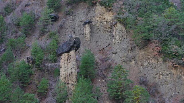 Aerial drone view of the "Fairy Chimneys of the Young Ladies of Ar&aacute;s" in the Ar&aacute;s Ravine in Biescas, Alto Gallego region, Huesca, Aragon, Spain, Europe.