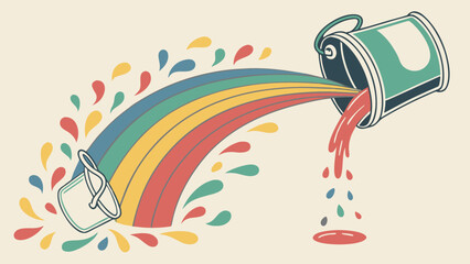 Retro Rainbow Paint Pour:  Vibrant illustration, whimsical style, joyful mood, colorful buckets, creative design element.