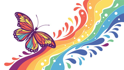 Vibrant Rainbow Swirl with Monarch Butterfly: Joyful, Uplifting, Spring Stock Illustration