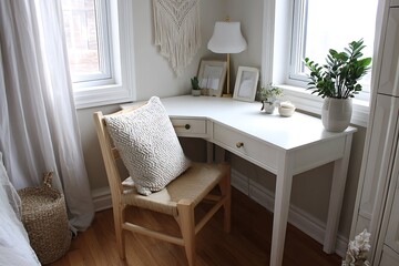 Cozy Corner Desk Setup with Natural Light and Bohemian Accents