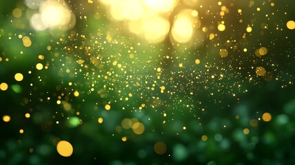 Obraz premium Magical golden bokeh lights dance through lush green forest canopy