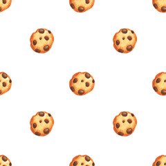 Watercolor pattern with cookies with chocolate, icing and donut on white background. Seamless pattern for paper packaging, wallpaper and fabric.