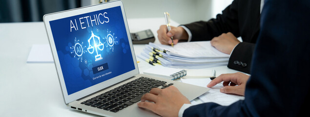 AI ethics responsibility standard law and rules on computer screen provide report of AI ethic...