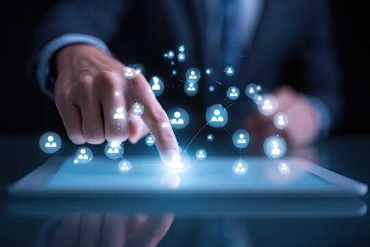 Business person interacting with a tablet displaying a network of people