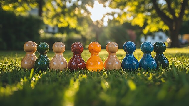 Colorful wooden bowling pins lined up in a grassy park on a sunny day - Powered by Adobe