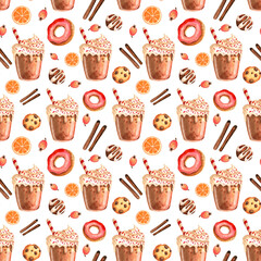 Seamless pattern. Pumpkin spice latte season. Coffee mugs and sweets isolated on white background. Hand drawn watercolor illustration.