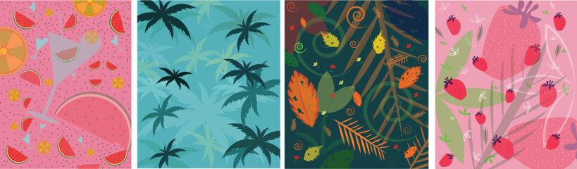 Obraz premium Summer Pattern Collection Tropical Fruits, Palm Trees, Leaves Seamless Vector Set .eps