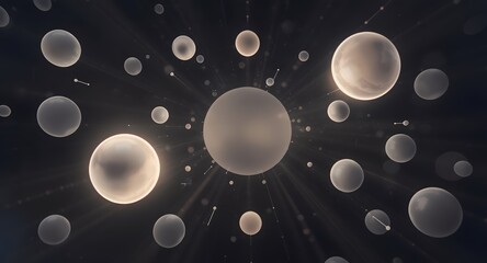 Abstract composition of floating spheres illuminated against a dark backdrop with radiant light effects. Spheres vary in size with glowing centers.
