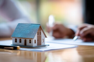 House model on papers, signing documents