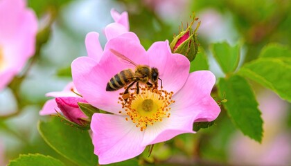 Honeybee on a delicate pink rose (1)
