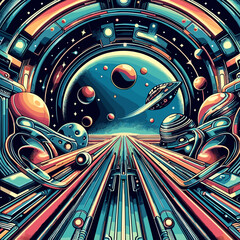 Futuristic space scene with vibrant planets and sci-fi elements