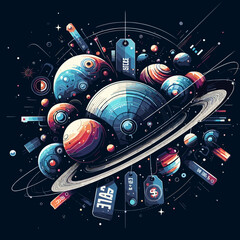 Futuristic space theme featuring colorful planets and sci-fi elements