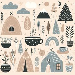 Playful illustration of cozy houses and nature elements in pastel colors