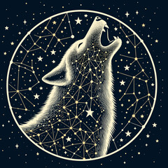 Stylized wolf howling at the starry night with constellation patterns