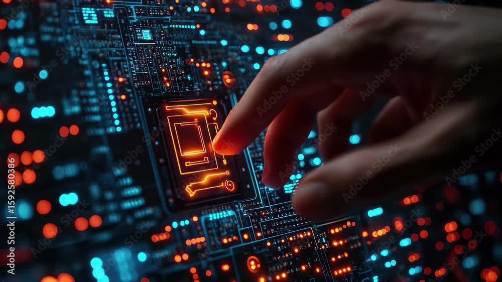 Poster engaging with technology by touching a circuit board filled with glowing components and intricate pa