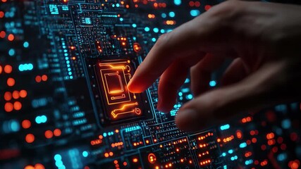 Engaging with technology by touching a circuit board filled with glowing components and intricate patterns at a modern workspace - Powered by Adobe
