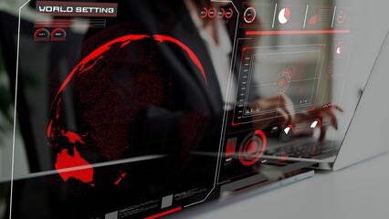 High-tech global network connection interface showing worldwide digital communication, data...