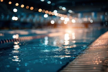 Swimming pool interior at night.  Bokeh lights