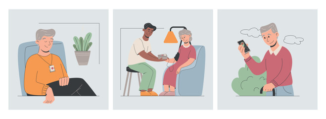 Set of vector flat illustrations on elderly care. Seniors with caregiver, medical checkup, safety pendant, phone communication. Flat design for healthcare, aging support, telecare and wellness themes.