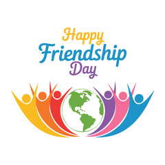 Happy friendship day with colorful figures holding earth globe on white background design vector