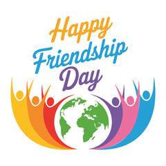 Illustration of happy friendship day text with colorful people around the world globe