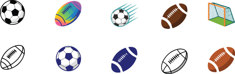 Fototapeta premium Soccer ball rugby ball goal net sports equipment collection football vector bundle collection set pack template elements icons clipart illustration editable flat minimal modern banner poster png eps p