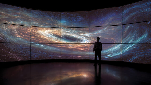 Astronomer Observing Black Hole Visualization on Curved Screen Wall