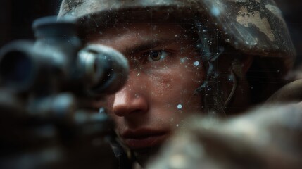 Intense focus of artillery soldier with double exposure concept