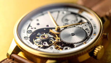 Fototapeta premium Close Up View of Gold Mechanical Watch with Exposed Gears