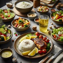 Grilled Chicken Breast with Rice, Lemon, and Assorted Vegetable Side Dishes: A Healthy and Delicious Meal