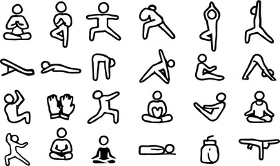 Minimal yoga pose icon set featuring popular asanas, flexibility, meditation, and wellness concepts. Perfect for fitness apps, posters, and health campaigns.

