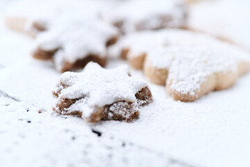 Christmas cookies on bright background. Soft focus. Close up.	