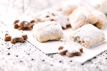 Christmas cookies on bright background. Soft focus. Close up.	