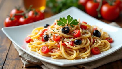 Delicious spaghetti with tomatoes and olives, served on a rustic table