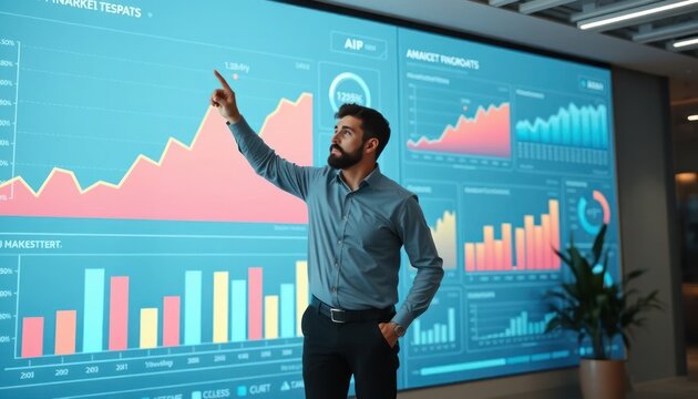 Bearded business analyst presents the financial infographic screen data