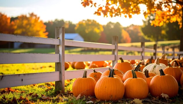 Autumn pumpkins lined along a white wooden fence, bathed in golden sunlight filtering through fall foliage