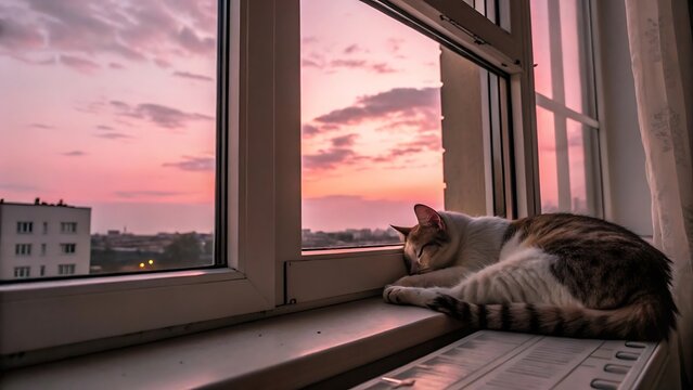 A cat sleeping peacefully on a window sill as the sun sets, painting the sky with beautiful colors