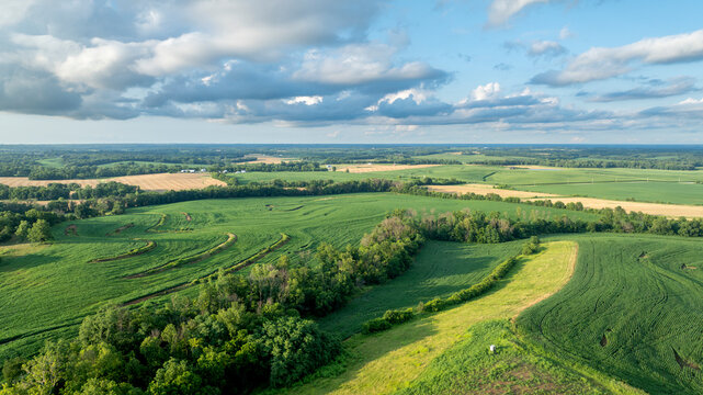 rural landscape of Missouri near Glasgow, summer aerial view