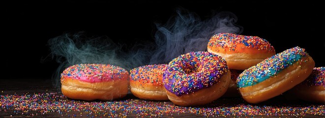 Colorful donuts with sprinkles on a dark surface