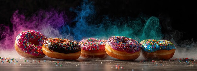Colorful donuts with colorful smoke