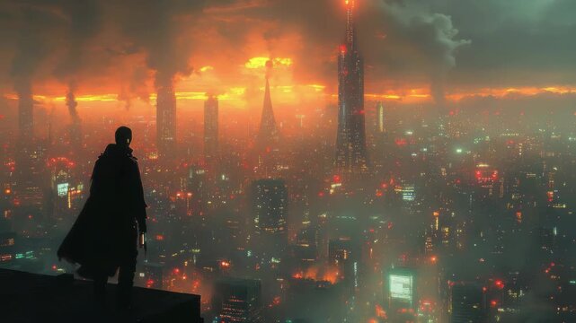 Somber figure overlooking a dystopian city engulfed in smoke and fire during twilight