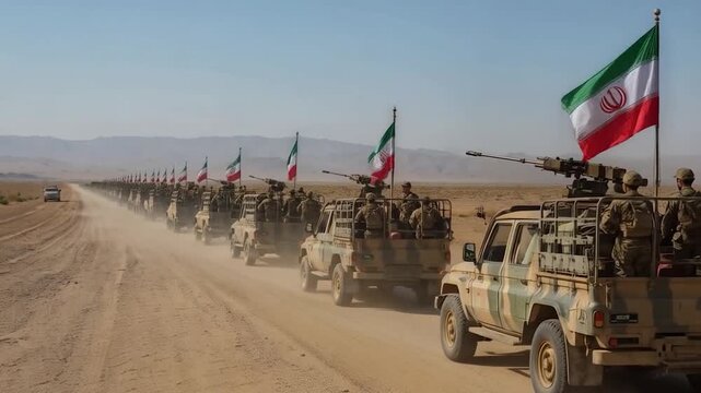 Strategic Military Movement &ndash; Iranian Trucks Loaded With Weaponry, Desert Back View thucks are backing up