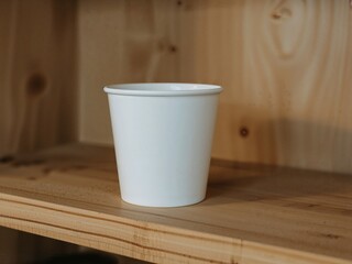 A pristine white paper cup sitting on a wooden shelf evokes minimalist cleanliness and simple utility in domestic space