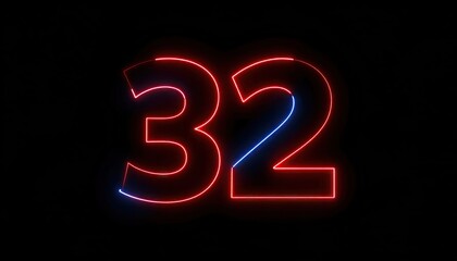 Neon red and blue numbers 32 on black background