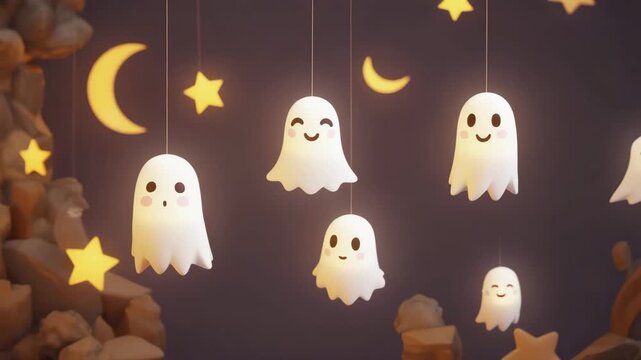 A cute Halloween decoration scene with glowing ghost-shaped lanterns and star lights hanging and swaying gently at night.