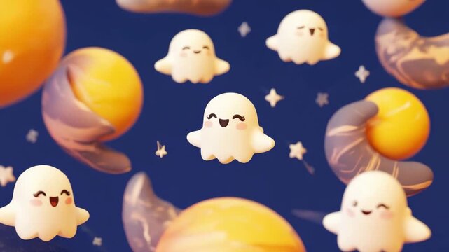 A cute and whimsical 3D animation of kawaii-style ghosts floating in space with planets and stars, a seamless loop for Halloween.