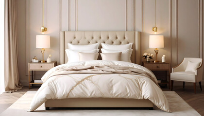 Fototapeta premium Elegant Beige and Gold Modern Bedroom Interior Design